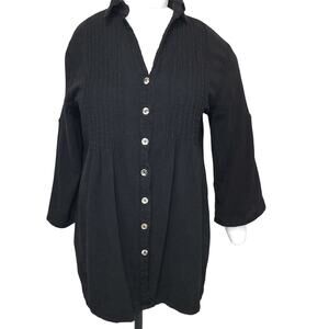 Vintage Dunes Black Shell Buttons Long Shirt Textured Button Up Blouse Top